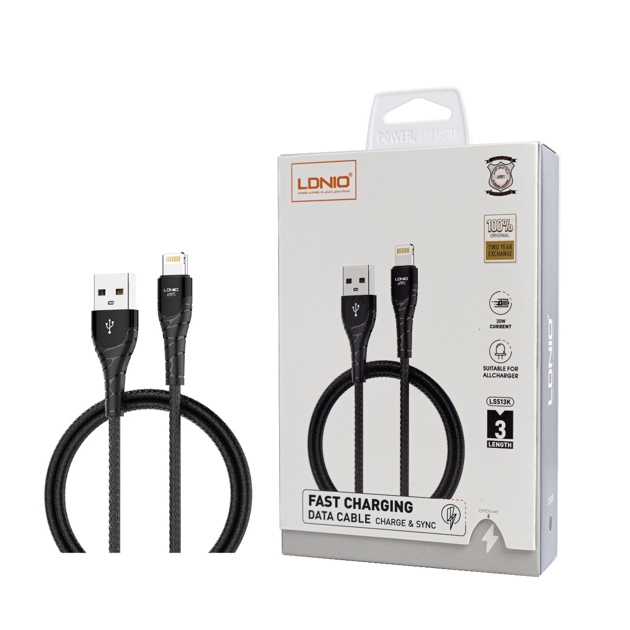 كابل شحن ايفون سريع ونقل بيانات LDNIO LS513K - بطول 3 متر - منفذ Lightning إلى USB