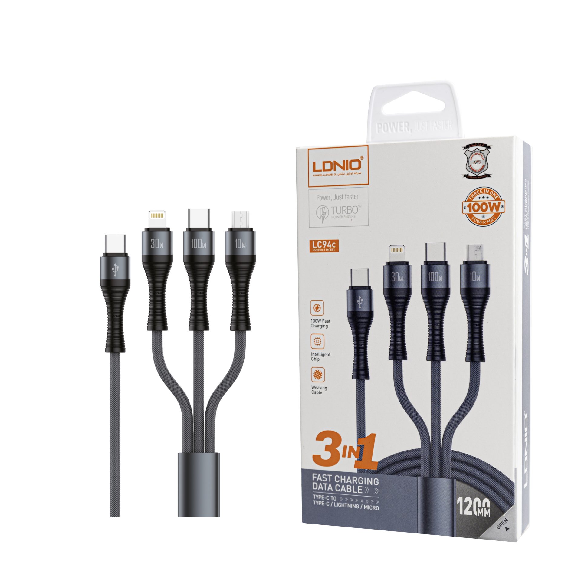 كابل شحن LDNIO LC94c فائق السرعة 3 في 1 - منفذ Type-C إلى (Type-C / Lightning / Micro) بقوة تصل إلى 100 واط