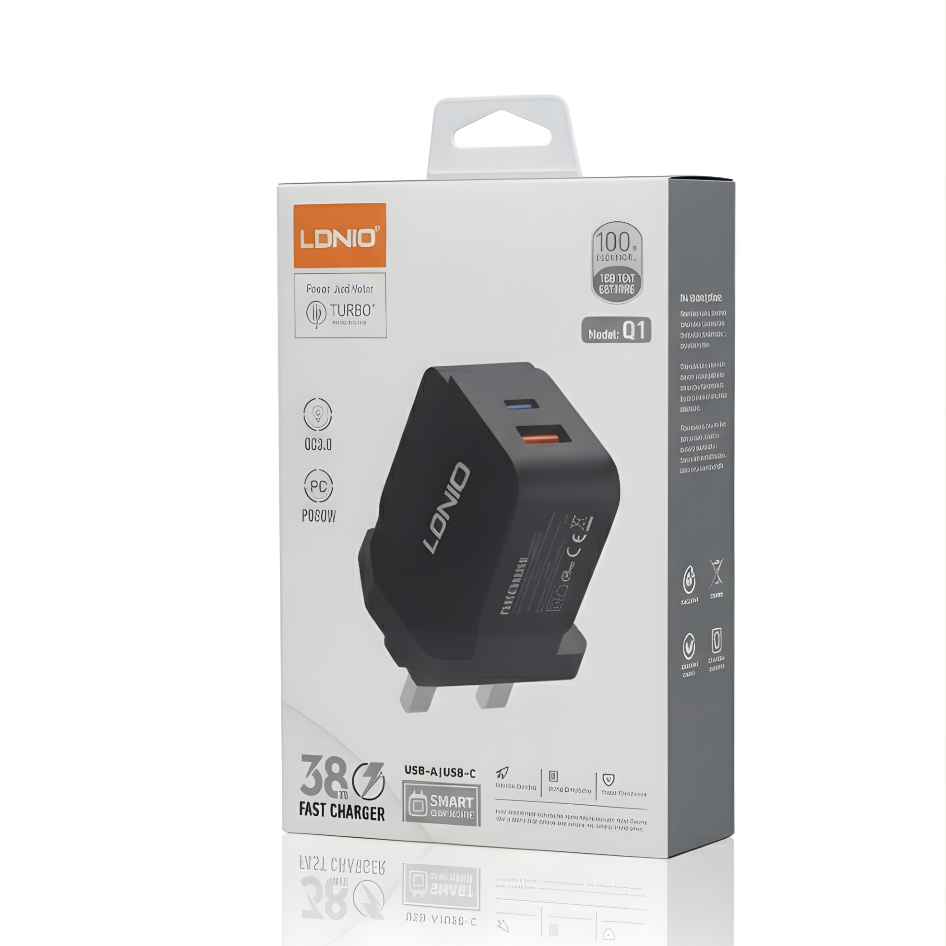 شاحن لدنيو LDNIO Q1 بقوة 38 واط - منفذين (USB-C & USB-A) يدعم الشحن السريع QC3.0.