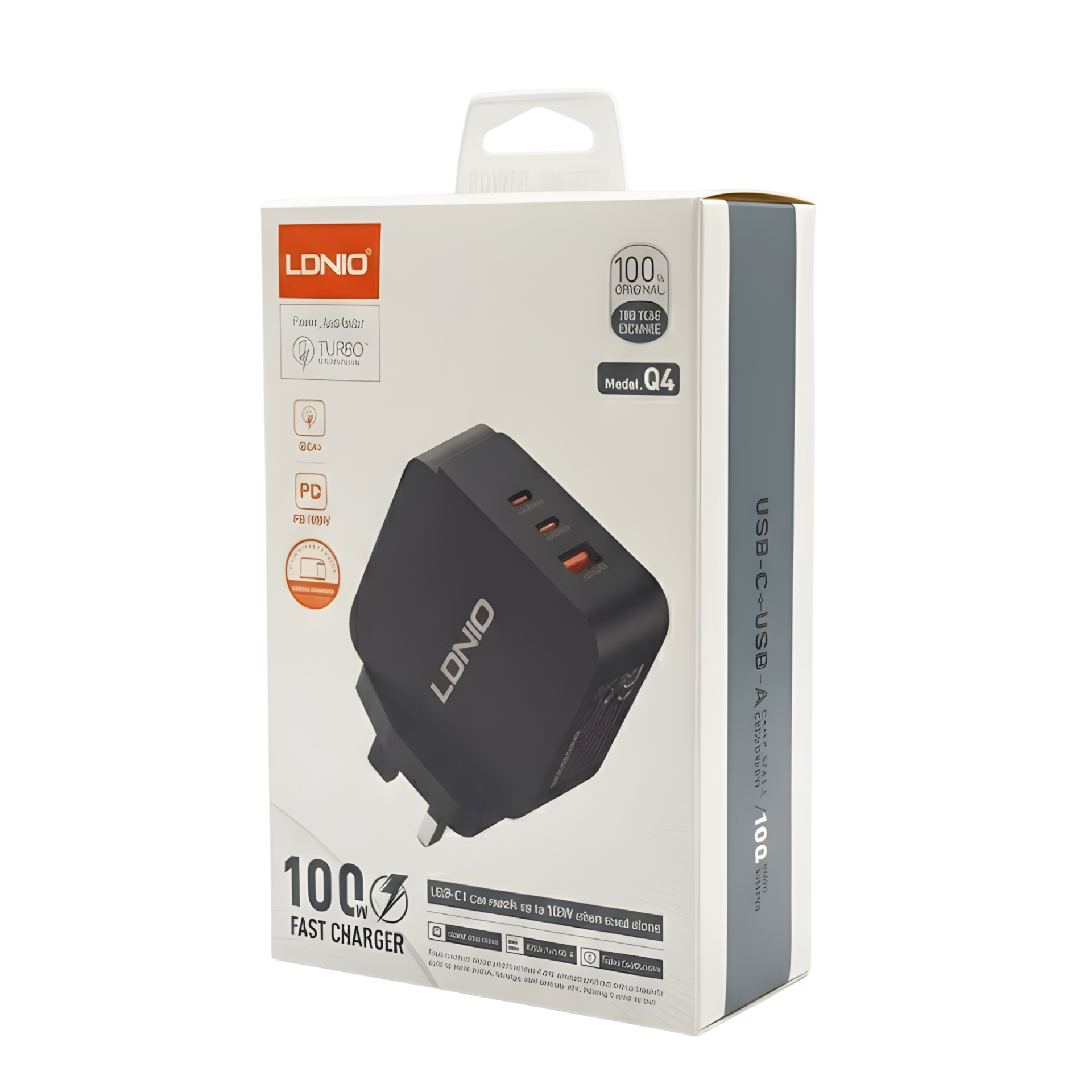 شاحن لدنيو LDNIO Q4 بقوة 100 واط - شاحن جداري سريع بـ 3 منافذ (USB-C + USB-A) وتقنية GaN